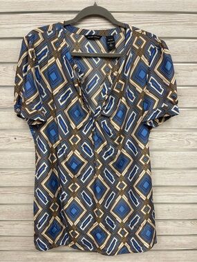 New York and Company Blue Geometric V-Neck Tunic
